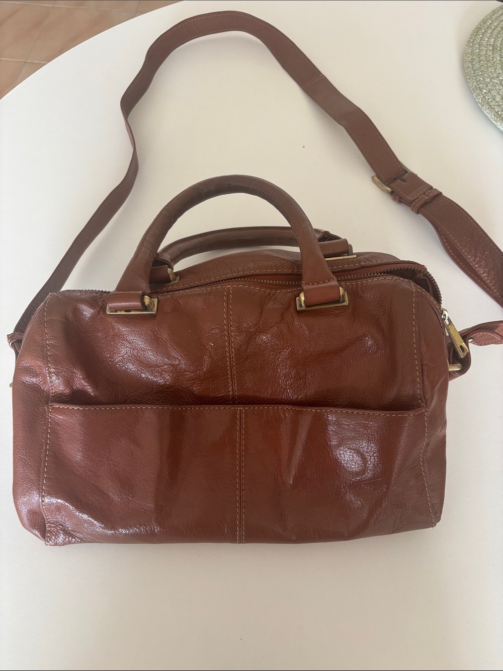 Leather Convertible Crossbody Satchel - Brown